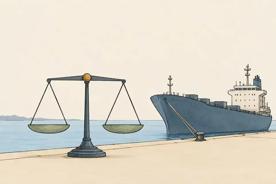 Illustration of a balance scale with empty pans beside a slate-blue cargo ship moored at a harbour quay.
