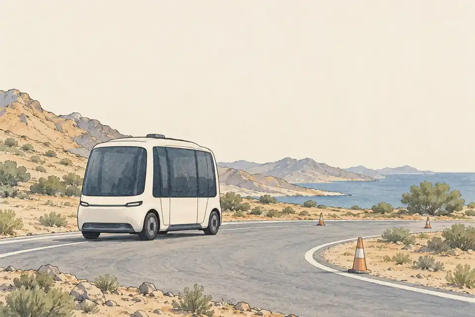Illustration of an autonomous passenger shuttle on a desert test road beside low hills and the sea.
