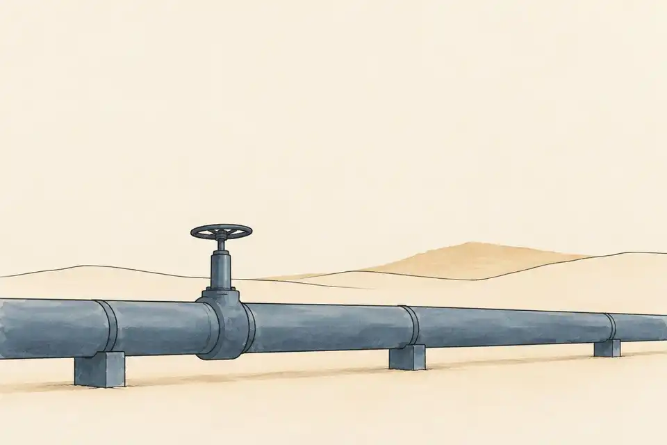 Illustration of a slate blue oil pipeline with a charcoal valve wheel crossing a sparse desert.