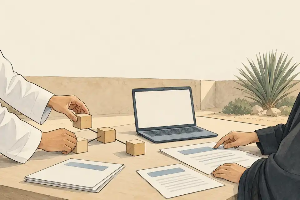 Illustration of hands arranging policy sheets and connected wooden blocks beside a laptop at a courtyard workshop table.