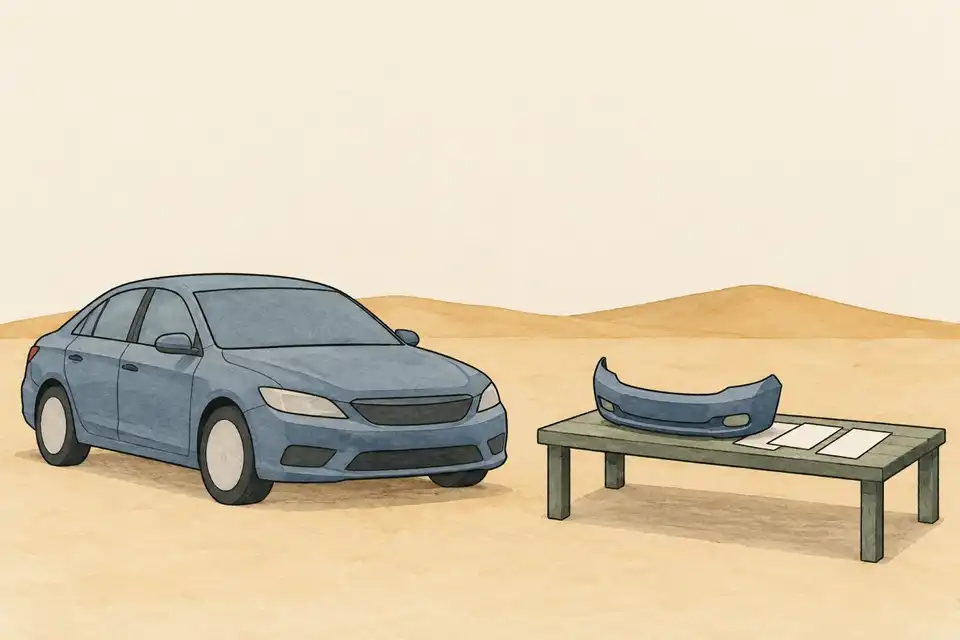 Illustration of a car beside a low bench with a separate bumper and blank sheets in a simple desert setting.