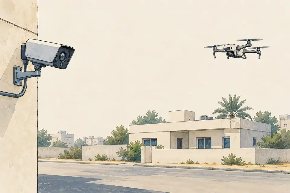 Illustration of a wall-mounted camera and a small drone monitoring a plain flat-roofed building.