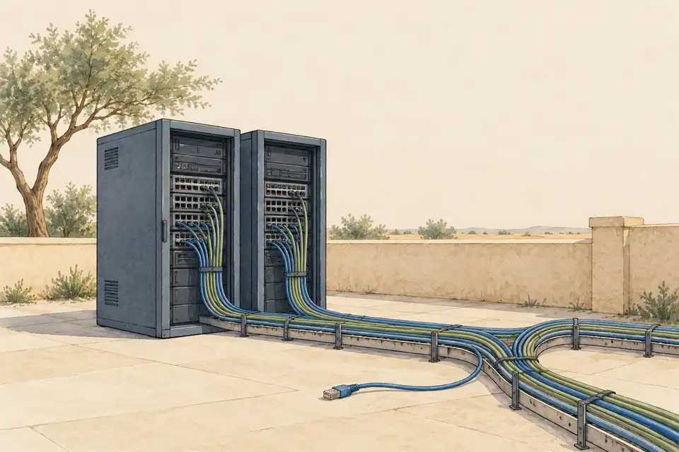 Illustration of two server cabinets with branching cables and a disconnected cable in a desert courtyard.