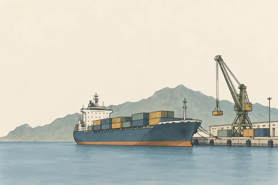 Illustration of a cargo ship beside a harbour crane and quay, with a mountain silhouette behind it.