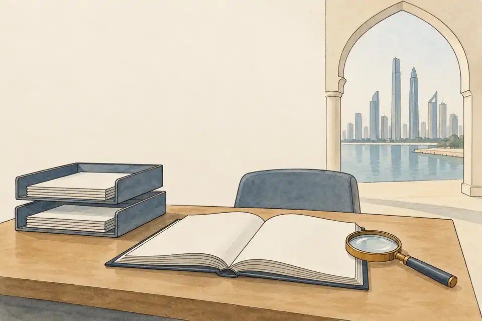 Illustration of a blank open ledger, a magnifying glass and two document trays on a desk beside an arch overlooking a waterfront skyline.