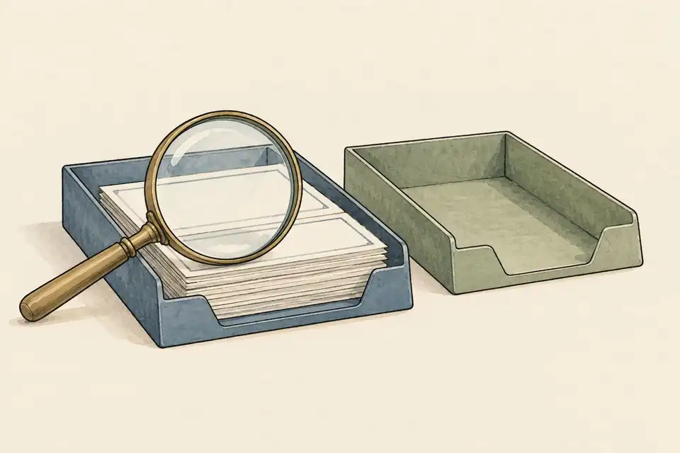 Illustration of a magnifying glass over blank payment slips in one tray beside an empty tray.