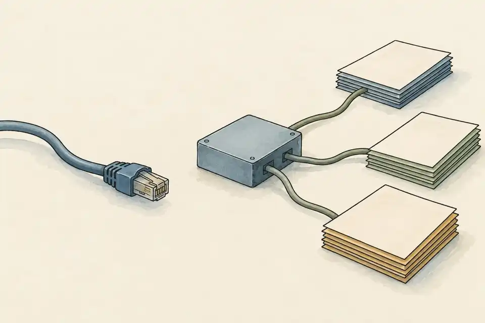 Illustration of a disconnected data cable beside a network junction linked to three stacks of blank records.