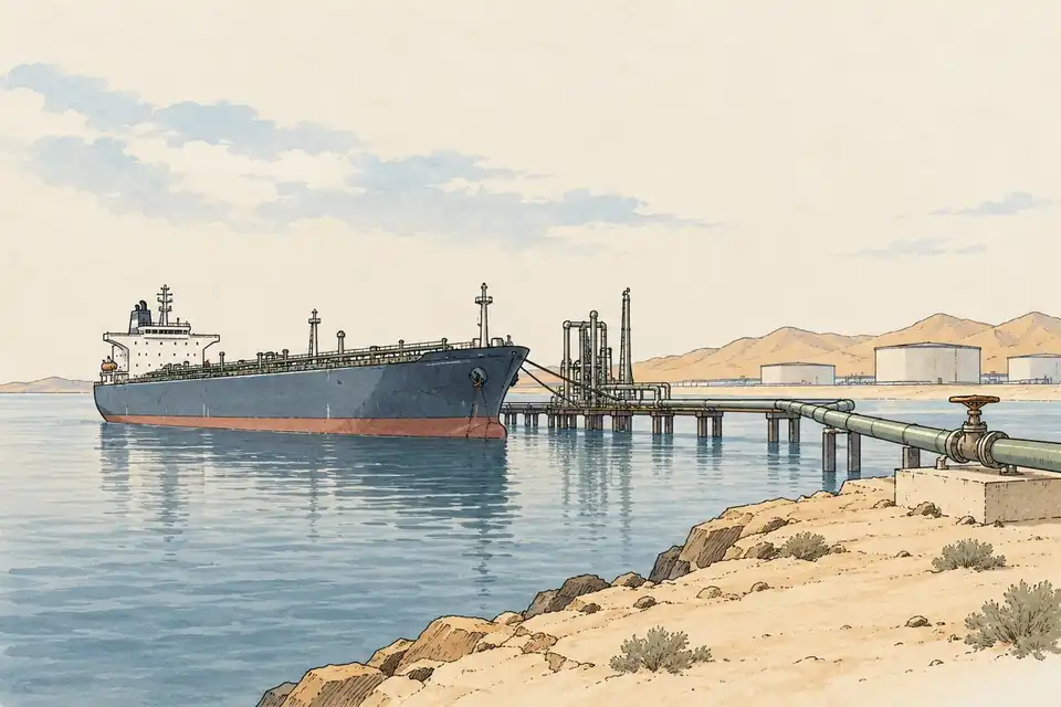Illustration of an oil tanker beside a Gulf oil terminal, with a pipeline and valve on a desert shore.