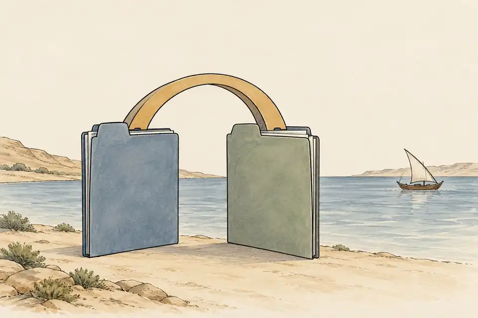 Illustration of two blank document folders joined by an arch on a Gulf shoreline with a small sailing dhow.