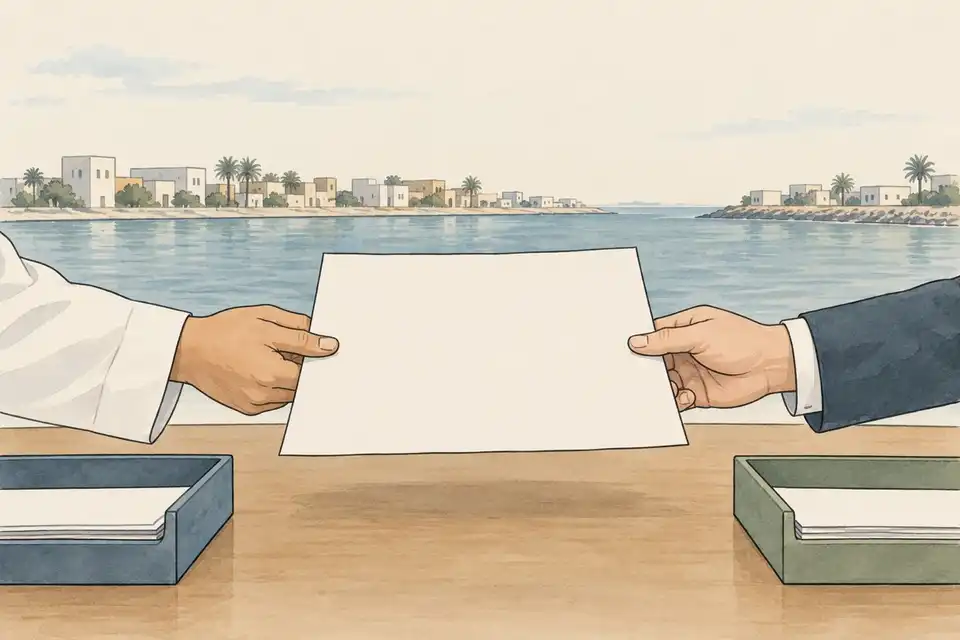 Illustration of two hands holding a blank document above a desk with two trays and a simple Gulf waterfront in the distance.