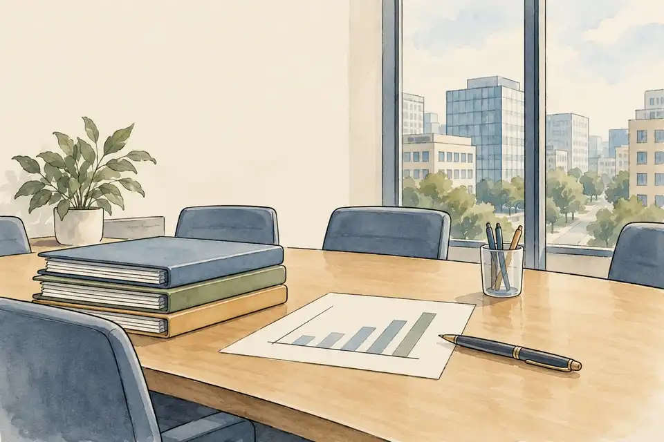 Illustration of a meeting table with policy folders and a plain bar chart beside a window onto an office district.
