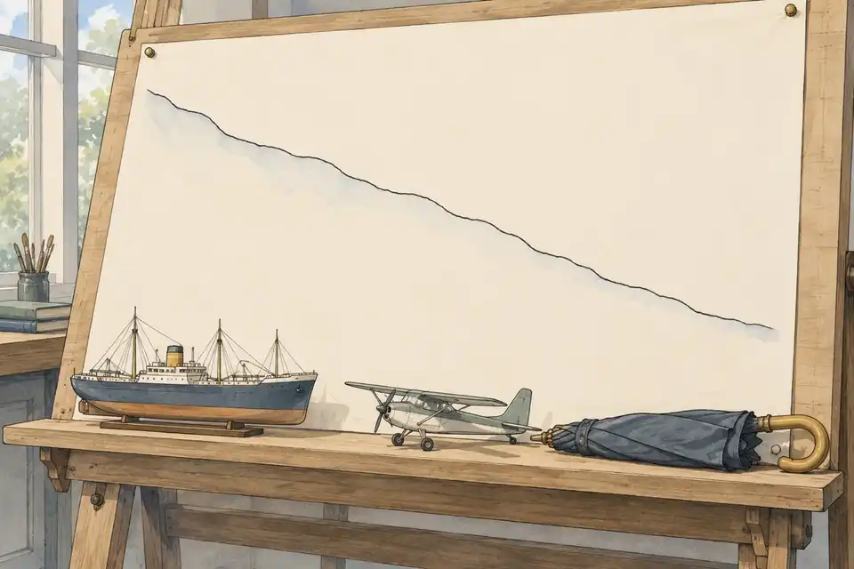 Illustration of a descending line on a drafting board with small models of a ship, an aircraft and an umbrella on its ledge.